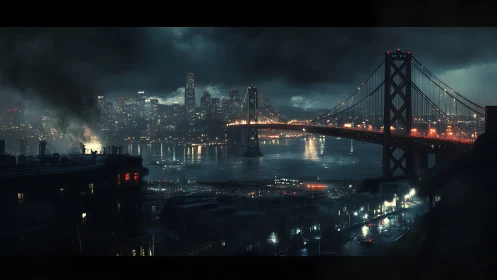 Stormlit bay bridge humming over neon drowned streets.