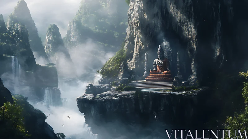 Serene mountain temple statue overlooks misty cascading cliffs