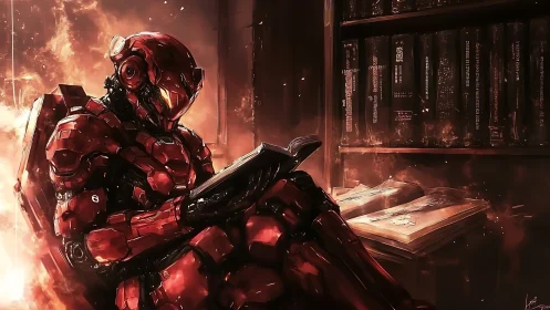 Red armored soldier reading in burning futuristic library.