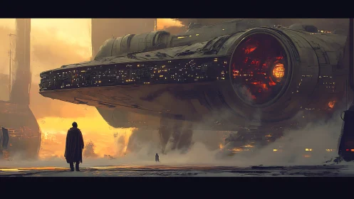 Colossal starship departure above cloaked lone figure.