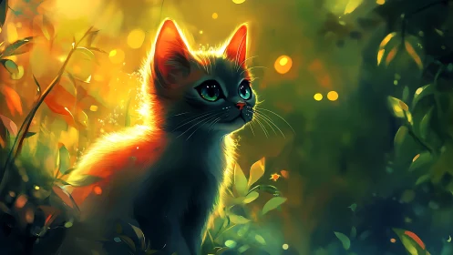 Black Cat with Luminous Eyes in Golden Garden Setting