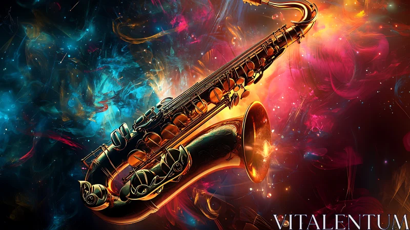 Luminous golden saxophone adrift in vivid cosmic nebulae.