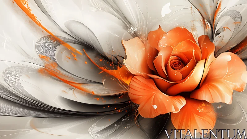 Blazing Tangerine Rose Amid Swirling Silver Whispers.