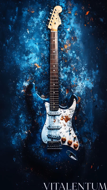 Weathered electric guitar suspended in high-contrast blue space