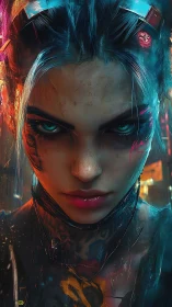 Cyberpunk rebel glares through neon haze and fractured light.