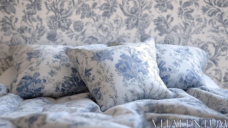 Floral patterned pillows on neatly arranged bedspread.