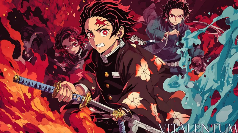 Blazing swords clash with surging water in anime battle fury.