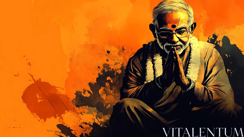 Gentle elder in prayerful pose against glowing orange art.