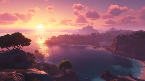 Coastal Sunset Landscape with Mountainous Islands and Water Body