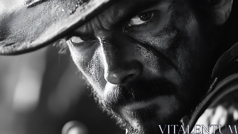 Grit-textured cowboy close-up in high-contrast monochrome lighting.