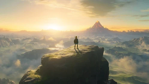Young hero greeting sunrise over a misty fantasy kingdom.