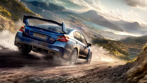 Turbocharged blue rally comet carving dust over sunlit valley.