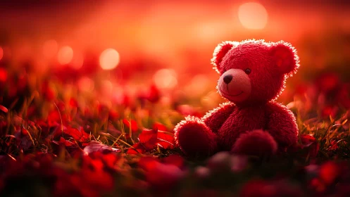 Sunset cuddle bear in a meadow of glowing scarlet petals.