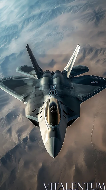 Stealth fighter jet in high-altitude desert overflight.