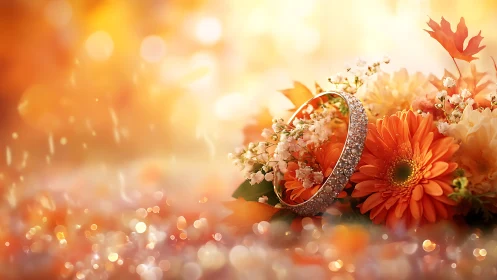 Diamond ring rests among glowing orange autumn flowers.