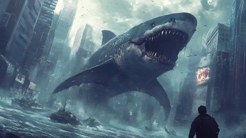 Colossal shark storms flooded city canyon in teal haze.