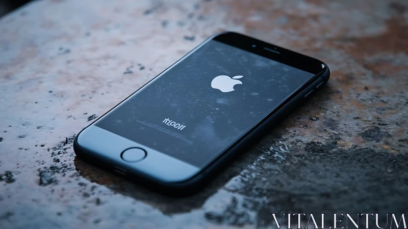 Black smartphone on wet stone surface with Apple logo.