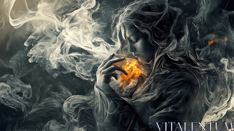 Solitary ethereal woman with swirling smoke and flame.