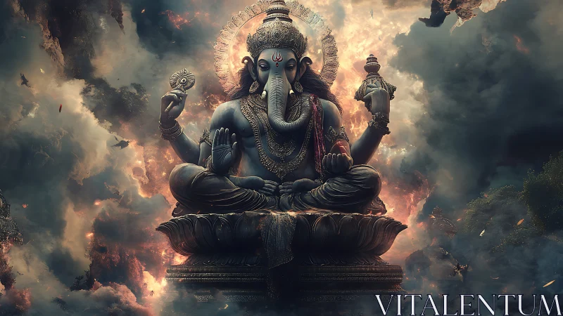 Digital depiction of Ganesha seated amid storm clouds.
