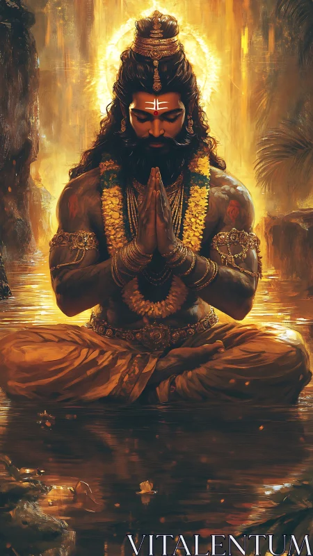 Golden river yogi folds firelit silence into deep prayer