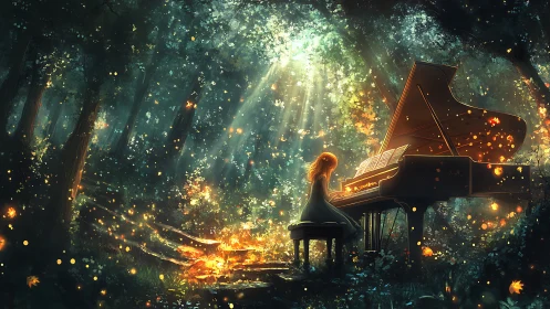 Forest grand piano under golden light with solitary pianist.