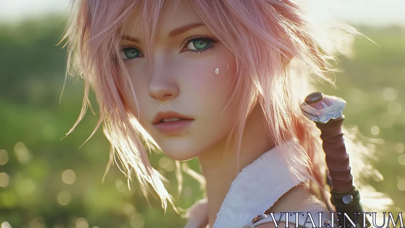 Sword-bearing pink haired heroine in soft sunset field.