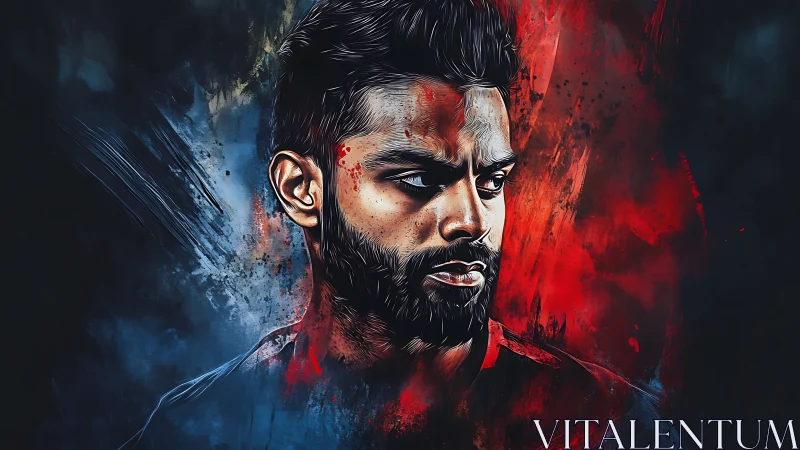 Digital portrait shows intense male face with red and blue paint