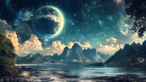 Dreamy alien coastline under a glowing celestial sky.