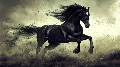 Midnight horse surges through storm of dust and shadow.