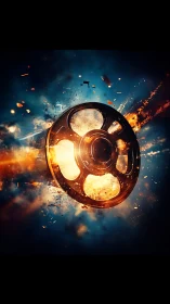 Exploding cinematic film reel in high-energy combustion field.