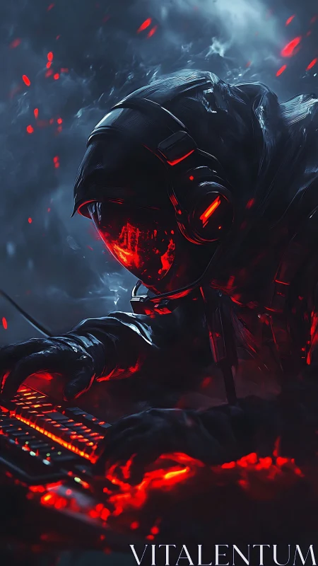 Hooded cyber hacker at glowing red keyboard in smoke
