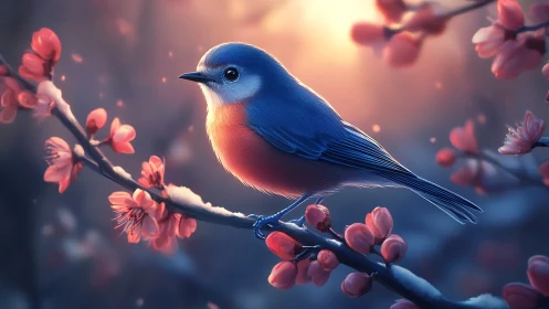 Delicate Blue Bird Rests Among Blooming Pink Cherry Blossoms