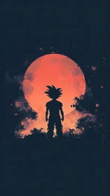 Silhouetted warrior beneath blazing red lunar eclipse.