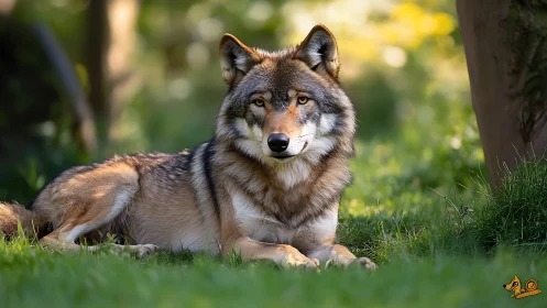 Wild canid lies on grass in shallow depth of field scene