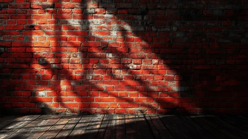 Sunlit red brick wall with dark wooden floor in shadowed room.