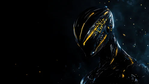 Cyberpunk exosuit construct with luminescent alloy channels.