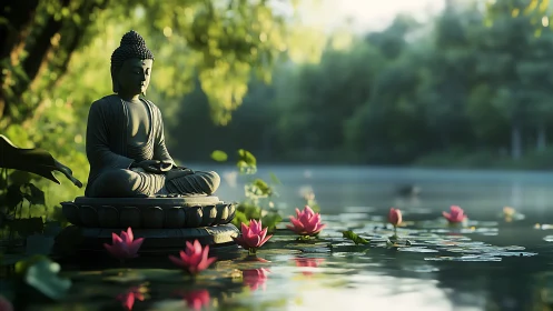 Buddha statue sits beside a pond with pink lotus flowers