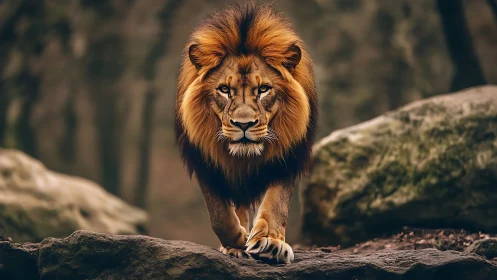 Male lion walks forward on rocky terrain in soft focus