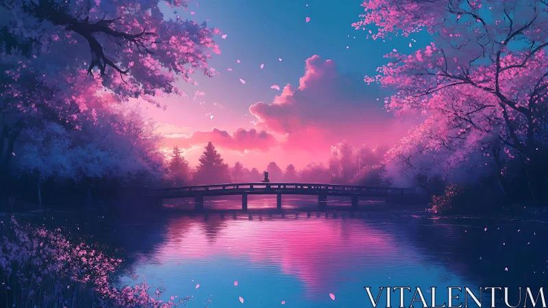 Sunset bridge cuts through glowing pink cherry blossom lake.