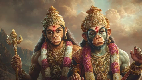 Divine simian guardians stand crowned in ornate gold armor.
