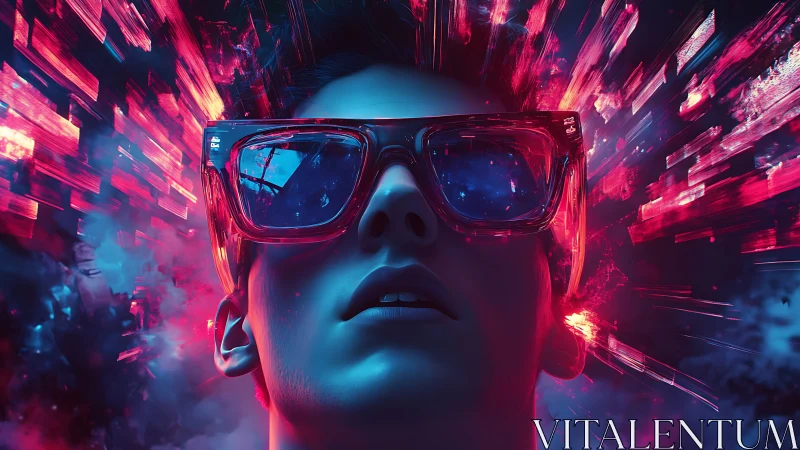 Neon cyber dreamer with exploding digital glasses.