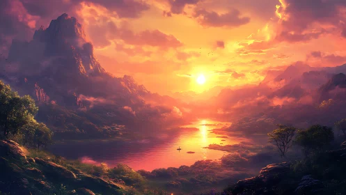 Sunset illuminates mountain lake with vivid atmospheric haze