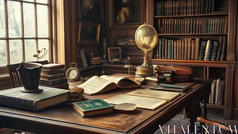 Warmly lit antique study desk with globe, books, manuscripts