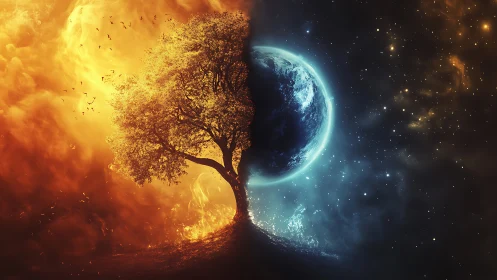 Cosmic tree divides fiery inferno from frozen planet.