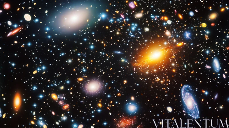 Deep space galaxy cluster field with vibrant nebula glow.