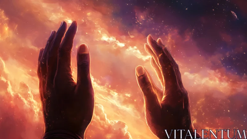 Cosmic-lit hands framing a nebular sky in radiant perspective.