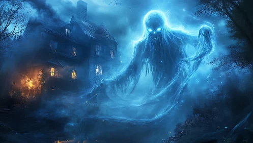 Glowing ghostly spirit rises over a lonely, stormy mansion