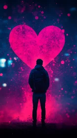 Silhouetted figure confronts luminous heart form through neon particle field.
