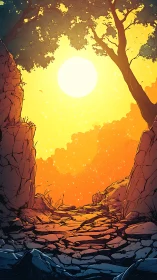 Celestial canyon path under radiant sunset sky illustration.