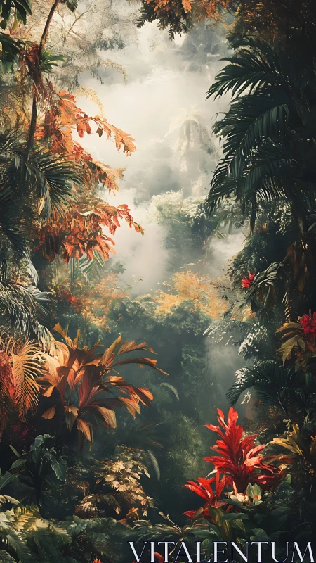 Tropical Ravine Through Layered Vegetation and Mist.